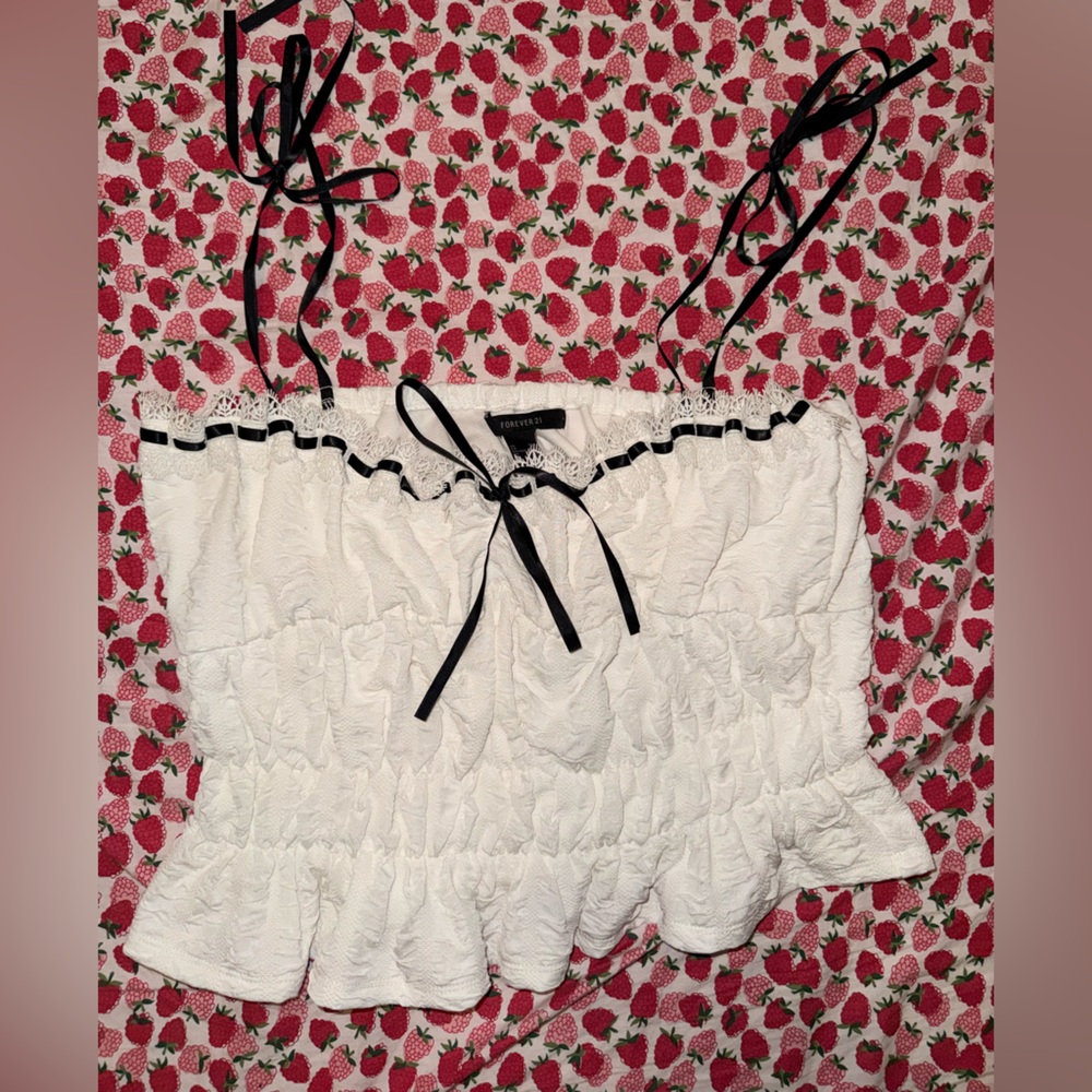 Forever 21 White and Black Lace Trim Top